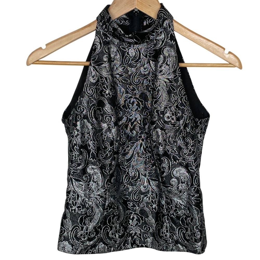 Y2K Vintage Whimsigoth Silver Metallic Brocade Halter Top Womens 2 Glam Regency
